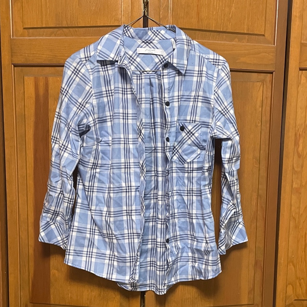 Foxcroft Light Blue and Cream Plaid Shirt